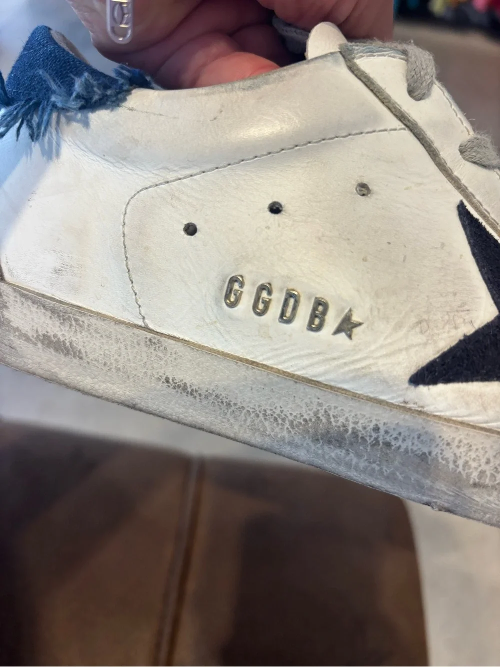 Golden Goose White Leather Sneaker with Navy Star and Heel